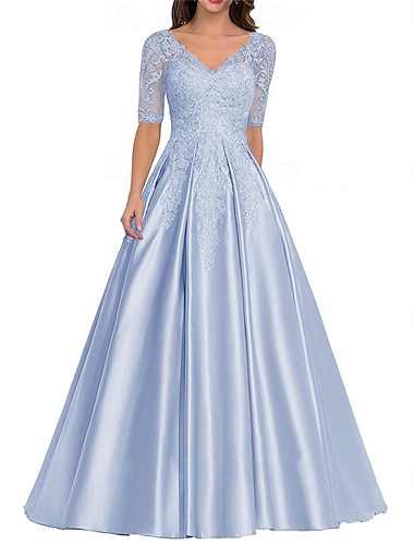 فستان أم العروس أنيق عتيق برقبة V بطول الأرض من البوليستر بأكمام قصيرة بلون صلب   فستان أم العروس أنيق عتيق برقبة V بطول الأرض من البوليستر بأكمام قصيرة بلون صلب