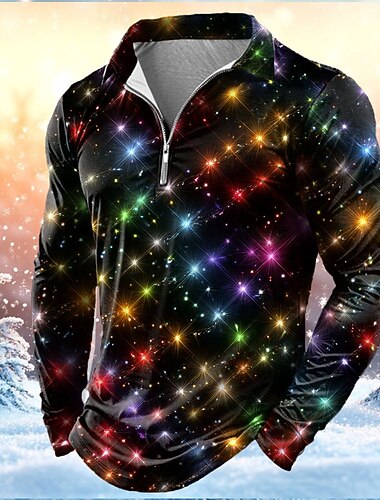  Kerstmis Voor heren Lantaarns Poloshirts met rits Lange mouw Poloshirt Revers Casual Buiten Feestdagen Festivaloutfit 3D-afdrukken Lente Herfst Winter Zwart 1 Zwart 2 Zwart