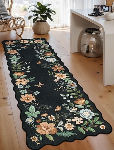  ランナーラグ ホールウェイ リビングルーム用 ソフト ノンスリップ 洗える長いフローラルクリスタルベルベットフロアカーペット ダスト抵抗 耐久性のある クリーンイージー ヴィンテージスタイル ホームデコレーションマット