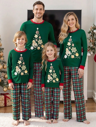  Famille Noël Pyjama de Noël en famille Pyjamas Ensembles de famille Graphique Plaid Motif de flocon de neige Maison Imprimé Vert manche longue Quotidien Tenues assorties