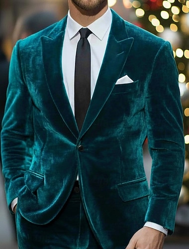  メンズ クリスマス カジュアル パーティー ベルベット スーツ ピークドラペル ブルー グリーン イエロー クリスマス パーティー 無地 テーラードフィット 2ピース シングルブレスト ワンボタン