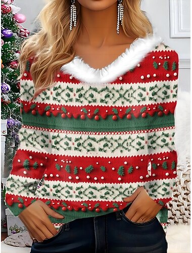  Christmas Women's Shirt Graphic Snowflake Elegant Vintage Party Long Sleeve V Neck Regular Tops Party Evening Wear Daily Holiday Glitter White and Red Green / Red Pink Red Blue Spring Fall Winter