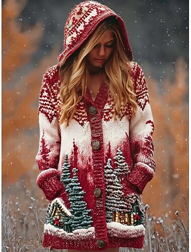  Kerst Vrouwen Cardigan Vintage Dagelijks Etnische Stijl Kleurverloop Geribbeld Hoodie Pocket Knopen Print Lange Mouwen Lange Tops Knit Buiten Weekend Rood Herfst Winter