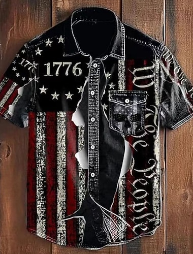  男性用 国旗 シャツ サマーシャツ カジュアルシャツ 半袖 ハワイアン リゾート バケーション デイリーウェア お出かけ 夏 ラペル プリント ブラック ルビーレッド
