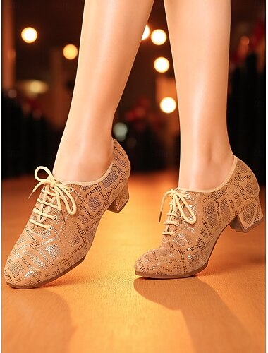  Beige veterschoenen voor dames in ballroomstijl - lage hak in Oxford-stijl met glitterpatroon voor professionele dansfeesten &optredens