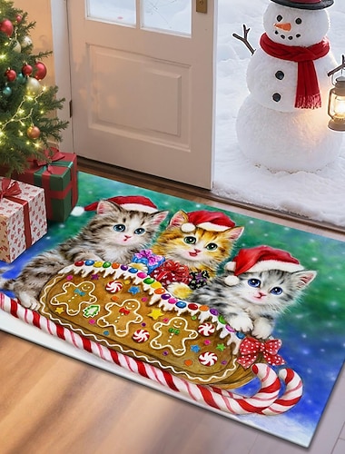  שטיח כניסה לחג המולד עבור הנכנס שטיח רך שאינו מחליק שמתנקה במכונה שטיח מקורקע לחג המולד חתולים חמודים ג'ינג'ר ברד והבית של ג'ינג'ר ברד של קיومی הראי