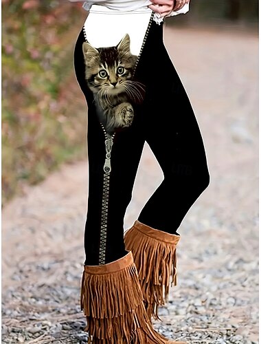  Dame Leggings Ferie Årgang Mote Full lengde Høy Midje Grafisk Dyr Katt Printer Hold Varm Myk Pustende Elastisk utendørs Feriereise Gate Svart Vår Høst Vinter Slank Fasong