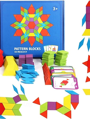  155 Pcs Blocs de Motifs en Bois - Puzzle de Formes Géométriques et Ensemble de Design avec Cartes - Jouet Éducatif Montessori pour Enfants 3 Cadeau de Noël