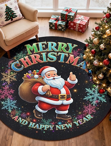 Weihnachtsmann Fröhliche Weihnachten Runder Bereich Teppich für Wohnzimmer und Schlafzimmer Faux Kaschmir Weihnachts Teppich mit Schneeflockenmuster Weich Rutschfest Maschinenwaschbar Teppich