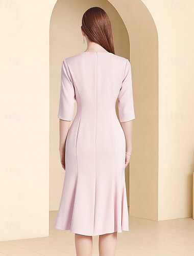  A-linje Knælang Festkjole Cocktail Kjole 3/4-ærmer Rund hals Elegant Årgang Fest Polyester Kjole til brudens mor med Perlearbejde