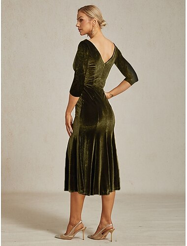  שמלת מיני מדויקת כמו של נשים שמלת שבלת אלגנטית אורחת חתונה מסיבת קוקטייל צבע אחיד שרוולים באורך 3/4 צווארון עגול צבע זית אביב סתיו חורף