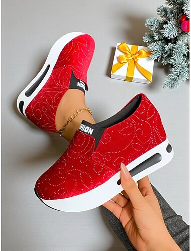  Dámské červené třpytivé nazouvací boty - módní sváteční boty na platformě na vánoční nákupy i neformální výlety