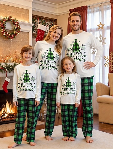  Familiestil Jul Julefamiliepyjamas Pyjamas Familiesett Grafisk Ruter Juletre Hjem Trykt mønster Grønn Langermet Daglig Matchende antrekk