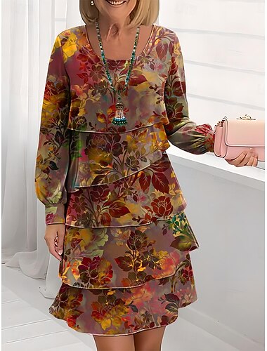  Dame Knelang kjole Kjole med A-linje Lag-på-lagkjole Fritid Normal Blomstret Grafisk Langermet Crew-hals Gul Rød Blå Lilla Vår Høst Vinter