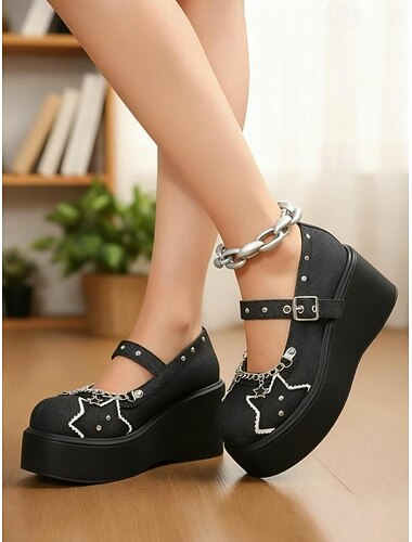  Γυναικεία γοτθικά παπούτσια Mary Jane με πλατφόρμα – μαύρες τζιν γόβες με πλατφόρμα, αλυσίδες με αστέρια και λουράκια με τρουκς για πάρτι Halloween και streetwear εμφανίσεις