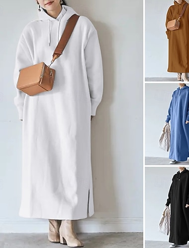  בגדי ריקוד נשים שמלת מיני שמלת קפוצ'ון שמלת קז'ואל אופנתי מודרני חופשה מִשׂרָד יומי מונח בצורה רפויה אחיד שרוול ארוך עם קפוצ'ון שחור לבן כחול ים חום אביב סתיו חורף