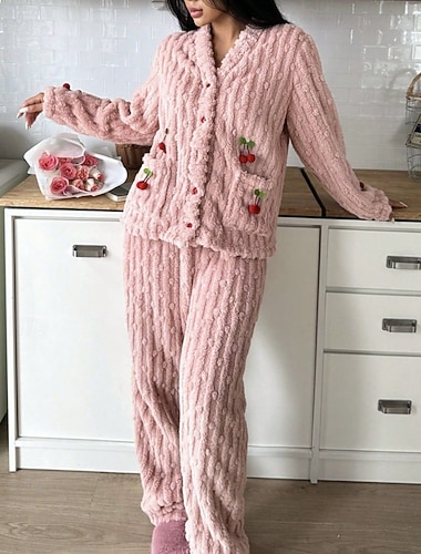  Γυναικεία Πυτζάμες Σαλόνια Σετ Πυτζάμες Φανέλα Ζεστό Μοντέρνα Φρούτα Τσέπη Ελαστική μέση Παντελόνι Διακοπές Σπίτι Μακρυμάνικο Λαιμόκοψη V Μαύρο Λευκό Κίτρινο Ανθισμένο Ροζ Ρουμπίνι Φθινόπωρο Χειμώνας