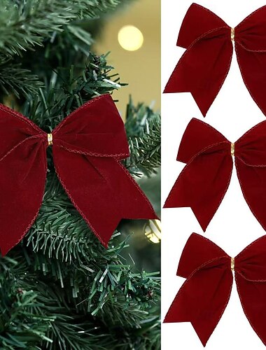  12 kpl joulukoristeita nauharusetilla ja joulukuusen koristeilla – 15 cm:n samettisia rusetteja punaisena ja ruskeana &vihreä, maalaisromanttinen seppele ja lahjarusetteja, vintage-juhlakoristeita