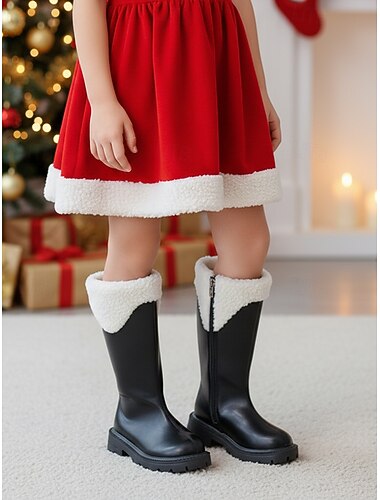 Botas pretas infantis de inverno com punhos de pele sintética - estilosas e quentinhas para festas de Natal e comemorações de fim de ano.   Botas pretas infantis de inverno com punhos de pele sintética - estilosas e quentinhas para festas de Natal e comemorações de fim de ano.