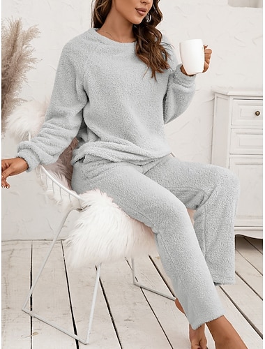  Γυναικεία Σετ Πυτζάμες Καθημερινό Ανατομικό Μονόχρωμες Ελαστική μέση Παντελόνι Σπίτι Καθημερινά Μακρυμάνικο Στρογγυλή Ψηλή Λαιμόκοψη Μαύρο Ανθισμένο Ροζ Κρασί Πράσινο Χακί Θαλασσί