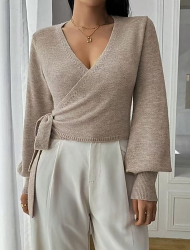  Női Pulóver Kardigán Elegáns Utcai sikk Alkalmi Tömör szín V-alakú Fűzős Kötött Lámpás hüvely Hosszú ujj Crop Tops Kötött Napi Szabadság Alkalmi Fekete Fehér Ősz Tél