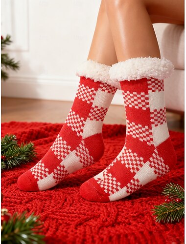  Meias femininas de malha felpuda para o Natal, meias confortáveis com padrão xadrez vermelho e branco e forro de pelúcia para festas de fim de ano &roupas de inverno para relaxar