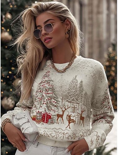  عيد الميلاد سويتر نسائي موضة كاجوال جرافيك طاقية محبوكة بأكمام طويلة ملابس عادية محبوكة للعمل عطلة بيضاء خريف شتاء
