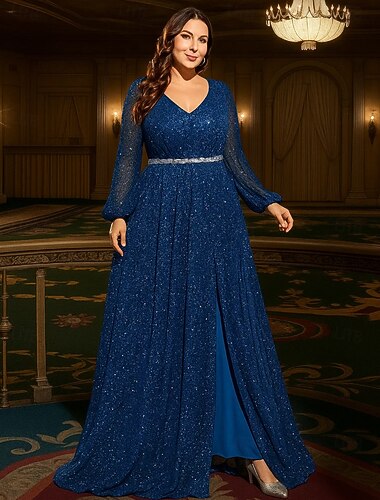  Sukienka A-Line na długość do ziemi sukienka dla gościa na ślub elegancka wieczorowa sukienka matki panny młodej długi rękaw dekolt w kształcie litery V vintage plus size z plisami z cekinami z