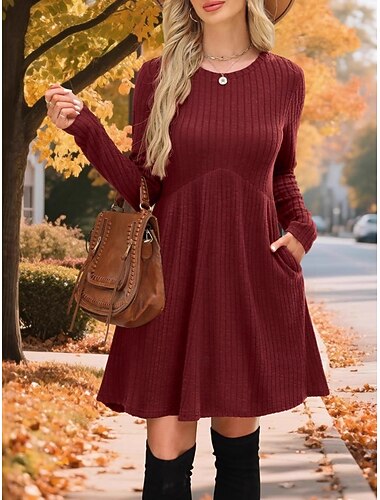 Damen Pullover Kleid Elegant Vintage Mode Einfarbig Gerippt Rundhalsausschnitt Patchwork Langarm Lange Oberteile Stricken Schule Outdoor Heim Schwarz Rote Frühling Herbst