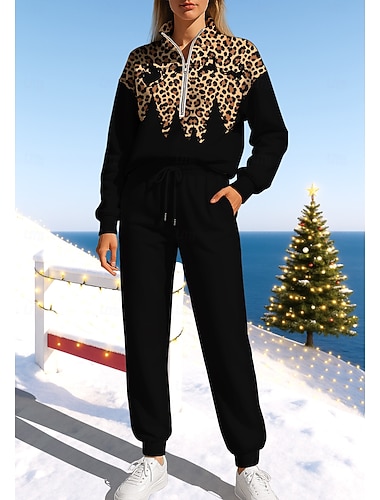  Noël Femmes Sweat-shirt Ensemble Survetement Survêtement Cordon de serrage Fermeture éclair Veste et Pantalon de Jogging Ensemble de vêtements de sport Printemps Noir Rouge Bordeaux Décontract