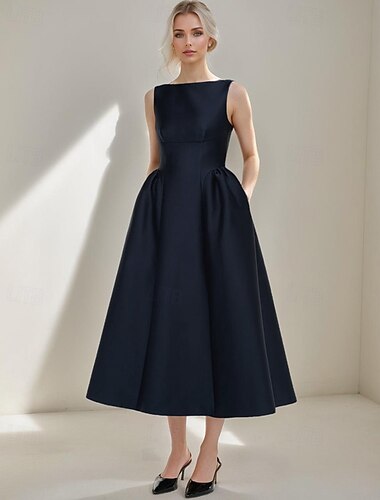  Corte A Vestido Midi Vestidos de coctel Vestidos de fiesta Elegante Sin Mangas Escote Barco Fiesta de jardin Boda Satén con Plisado Bolsillo