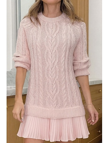  Damen Pullover Kleid Lässig Weich Einfarbig Gerippt Rundhalsausschnitt Rüsche Gestrickt Langarm Normale Oberteile Stricken Outdoor Täglich Wochenende Schwarz Rosa Herbst Winter