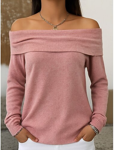  Dame Genser Elegant Mote Daglig Hengende krage Kald skulder Langermet Vanlige topper Strikke Rosa Beige Høst Vinter