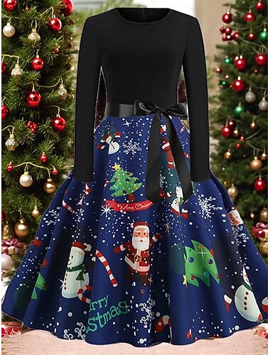  Jul Dame Midikjole Tubekjole Kjole med A-linje Elegant Bohem søt stil Hjem Fest Nyttår Normal Grafisk julenissen Juletre Langermet Crew-hals Colourful Svart Blå Lilla Vår Høst Vinter