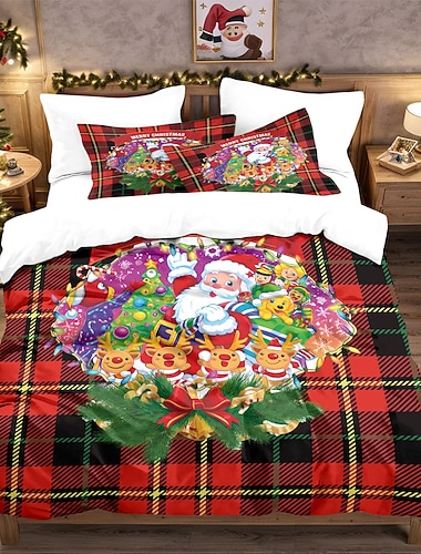 Julklappsduk med jultryck i svart och rött, 3-delat dunpåslakanset, bekväma sängkläder för hotell eller sovrum, inkluderar 1 påslakan + 2 örngott, stor säng, mjuk kort plysch   Julklappsduk med jultryck i svart och rött, 3-delat dunpåslakanset, bekväma sängkläder för hotell eller sovrum, inkluderar 1 påslakan + 2 örngott, stor säng, mjuk kort plysch