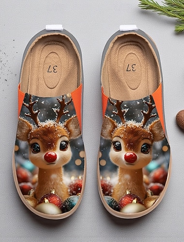 Женские дорожные туфли с широким носком из парусины с оленями – милая рождественская обувь для прогулок, идеально подходит для праздничных поездок и зимней уличной жизни   Женские дорожные туфли с широким носком из парусины с оленями – милая рождественская обувь для прогулок, идеально подходит для праздничных поездок и зимней уличной жизни