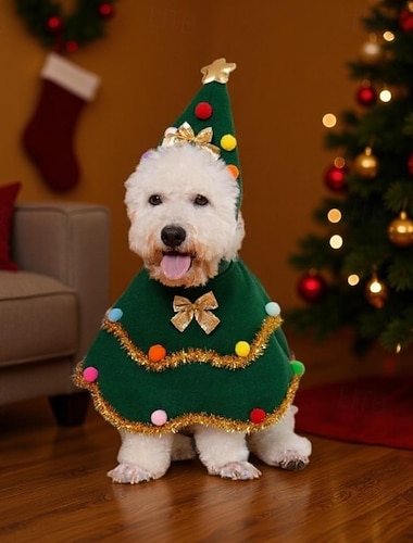  Στολή κατοικίδιου χριστουγεννιάτικου δέντρου με καπέλο &κάπα - αξιολάτρευτη εορταστική στολή για σκύλους και γάτες - διακοσμημένη με πον πον &φιόγκος - εορταστικά ρούχα