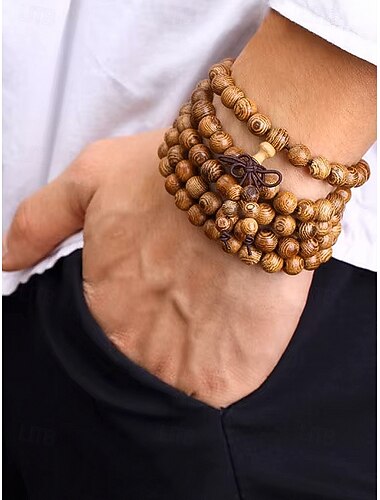  Heren houten kralen armband met meerdere lagen, vintage gebedsmala polsband, meerdere kleuren mode sieraden, uniek kerstcadeau voor dagelijks gebruik en feestjes