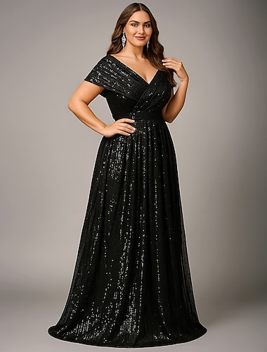  A-linja Kokopitkä Muodollinen mekko Iltapuku Lyhythihainen V kaula-aukko Tyylikäs Vintage Luksus Spandex Polyesteri Morsiammen äidin asu kanssa Paljeteilla