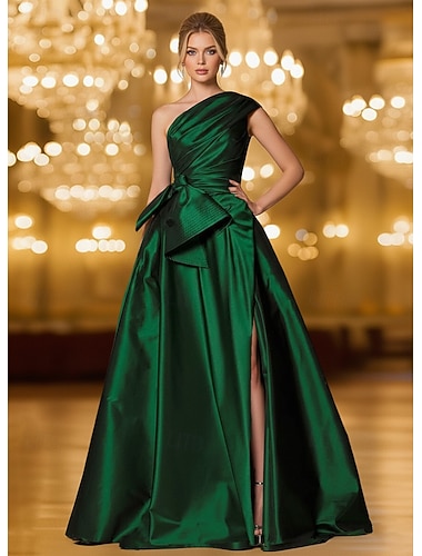  A-linja Kokopitkä Iltapuku Ball Gown Muodollinen mekko Tyylikäs Kimalteleva Silkkinen Hihaton Yksiolkaiminen Muodollinen Häät Tasku Joustava satiini kanssa Rusetti(rusetit) Rypytetty