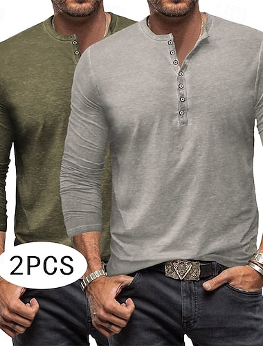  2 Stück Herren Vintage Henley Shirt Tee Top Langarmshirt Langarm Einfarbig Solid Vintage Fashion Basic 2 Stück Multipack Henley Urlaub Street Casual Sommer Alle Jahreszeiten Schwarz Grün Henley