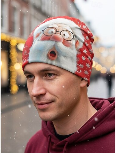  Miesten joulukuvioinen lippis - voidaan käyttää kaulahuivina, juhlava punainen, joulupukkikuviolla, pehmeä ja monipuolinen, sopii juhlapyhiin ja talvikäyttöön