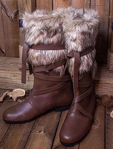  Botas medievais masculinas de couro sintético marrom – forro de pele sintética com detalhe de tira estilosa, ideais para encenações históricas, cosplay e roupas de inverno