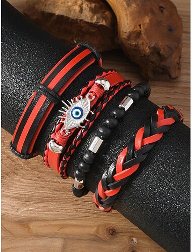  Armbåndsett i kunstskinn til menn, røde og svarte vevde armbånd med onde øyne og perledetaljer, stilig til jul, flere mønstre