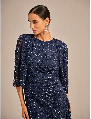  Mulheres Camisa de renda Elegante Manga 3/4 Decote V Convidado do casamento Festa de Noite Paetês Renda Azul Marinha Verão Primavera Outono Inverno