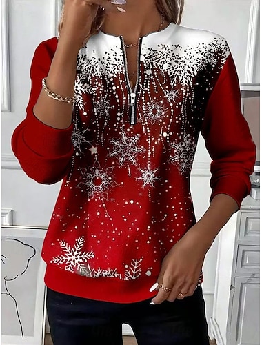  בגדי ריקוד נשים סווטשירט סוודר זיפ אפ סווטשירטים גראפי פתית שלג אופנתי יום יומי שרוול ארוך צווארון עגול קצר חולצות רגילות רחוב לבוש ליום רוכסן דפוס שחור אודם אדום ולבן סתיו חורף