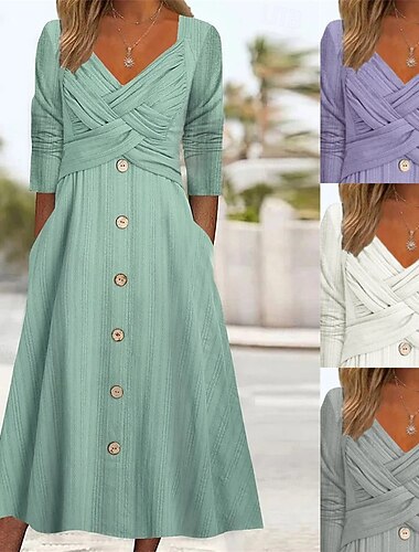  בגדי ריקוד נשים שמלת מקסי שמלה עם כיווץ במותן יום יומי יומי רגיל גראפי שרוול ארוך צווארון V לבן פול סגול אפור אביב סתיו