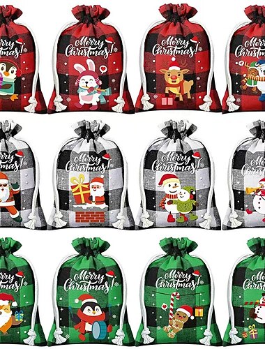  36 stuks kleine katoenen kerst snoepzakjes met trekkoord, buffalo plaid, kerststof, goody-geschenkzakjes, herbruikbare inpakzakken, feestartikelen voor de feestdagen