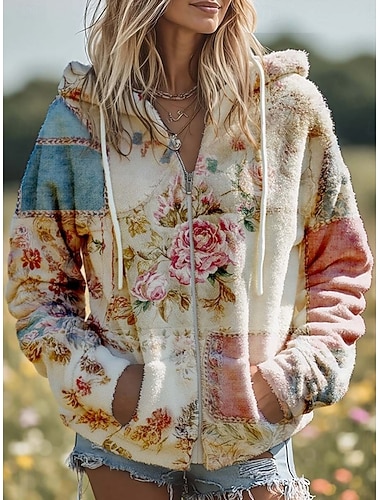  Damen Hoodies mit Reißverschluss Sweatshirts mit Reißverschluss Kordelzug Reißverschluss Blumen Grafik Tiermotiv Elegant Warm Aktiv Langarm Mit Kapuze Normale Oberteile Lässig Heim Arbeit Weiß