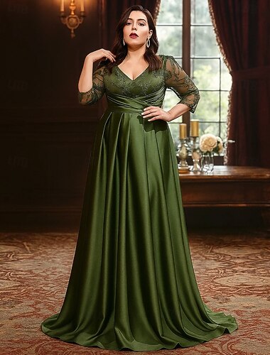  A-Linie Bodendeckendes Hochzeitsgast Kleid Formelle Kleider Flare Kleid Mutter der Braut Kleid Langarm V-Ausschnitt Elegant Vintage Plus Size mit Spitzenfalten
